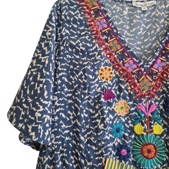 See and Be Seen Embroidered Drop Waist Mini Dress Medium Blue - Picture 3 of 6